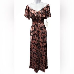 Unique Vintage Mauve Sparkle & Black Floral Velvet Wide Leg Belted Jumpsuit S